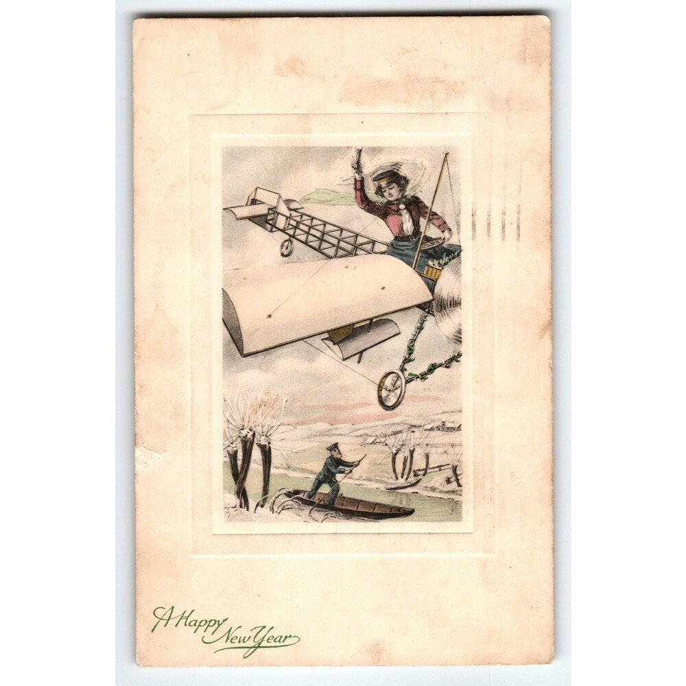 Vintage 1914 New Year Postcard Woman in Early Airplane P.T.L. Art de Vienne